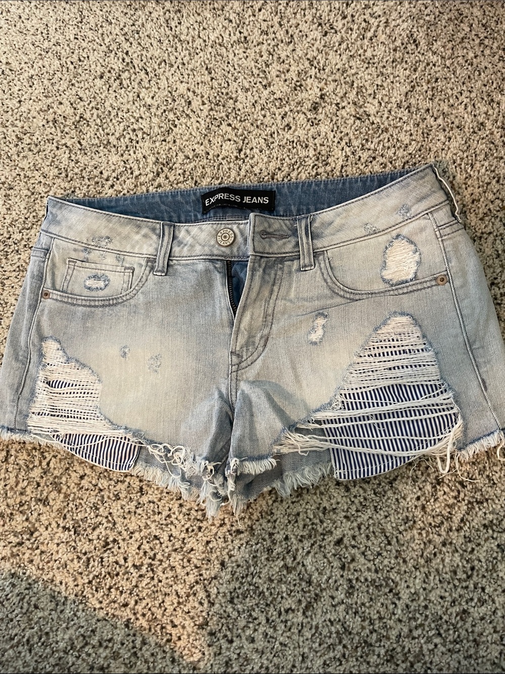 Express Light Blue Distressed Denim Shorts with Navy Striped Underlay